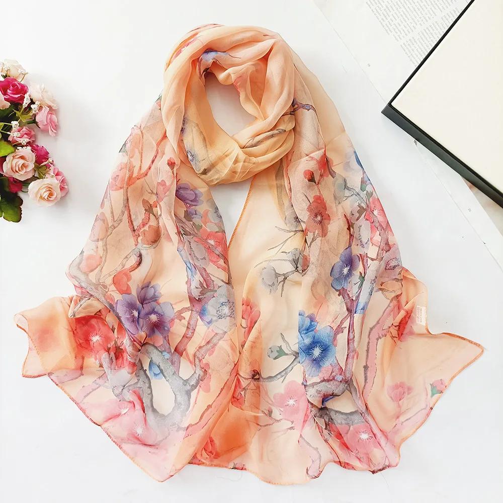 Seidenschals Damen Chiffon Wickeltücher Schals Dünner Hijab Schal Für Damen Blumendruck Bandana Kopftücher Sonnenschutz Langer Halsscarf