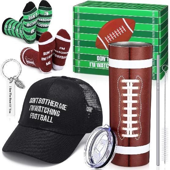 6 Pcs Football Fan Gift Set Football Tumbler Gift Football Socks Football Cap Football Keychain Gift Box for Men Dad Boyfriend Husband Brother