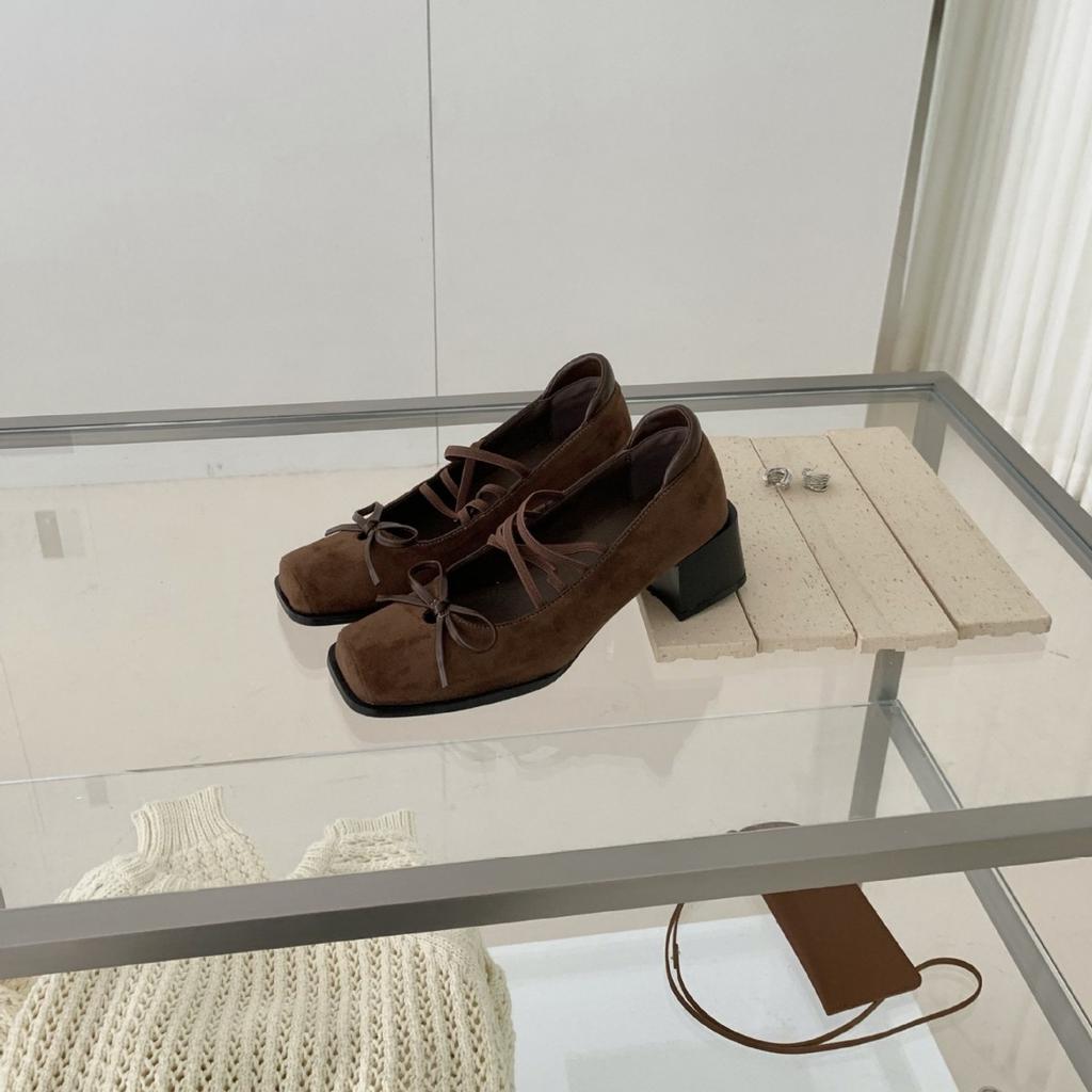 2025 new one-word with light mouth suede versatile bow thin belt temperament leopard print commuter women's shoes