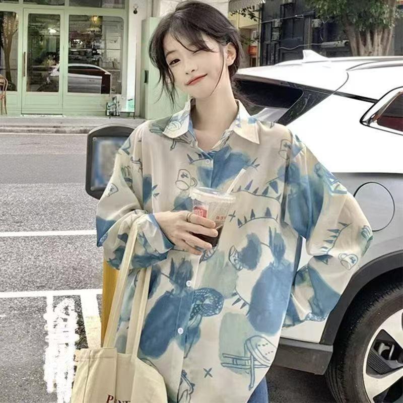 Women's Long Sleeved Shirts Contrast Color Graffiti Printing Versatile Blouses Loose Casual Summer Ladies Jacket