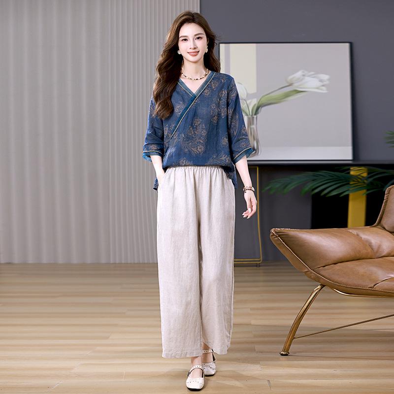 

Женский летний костюм из рами 2025: Ретро костюм-двойка с широкими брюками и топом Large