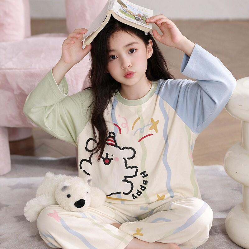 100% Cotton Girls Long Sleeve Pajamas Set Cartoon Print Round Neck Sleepwear Kids 8 Years