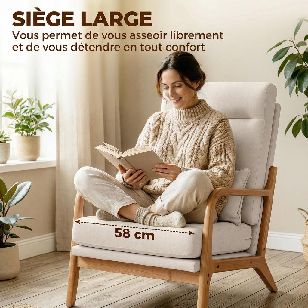 Lounge Chair, Linen Accent Chair, Lumbar Support, High Back, 64 x 86 x 93 cm, Cream