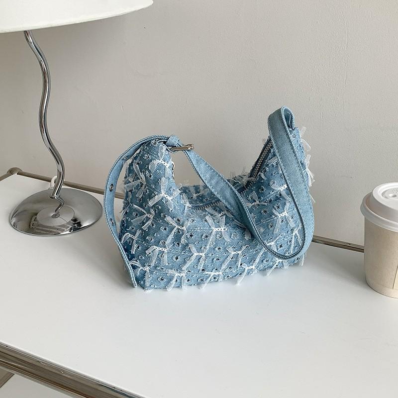 

Retro Lace Niche Large-capacity Denim Bag Trendy Personalized Handbag Women s High-end Casual One-shoulder Underarm светло-синий