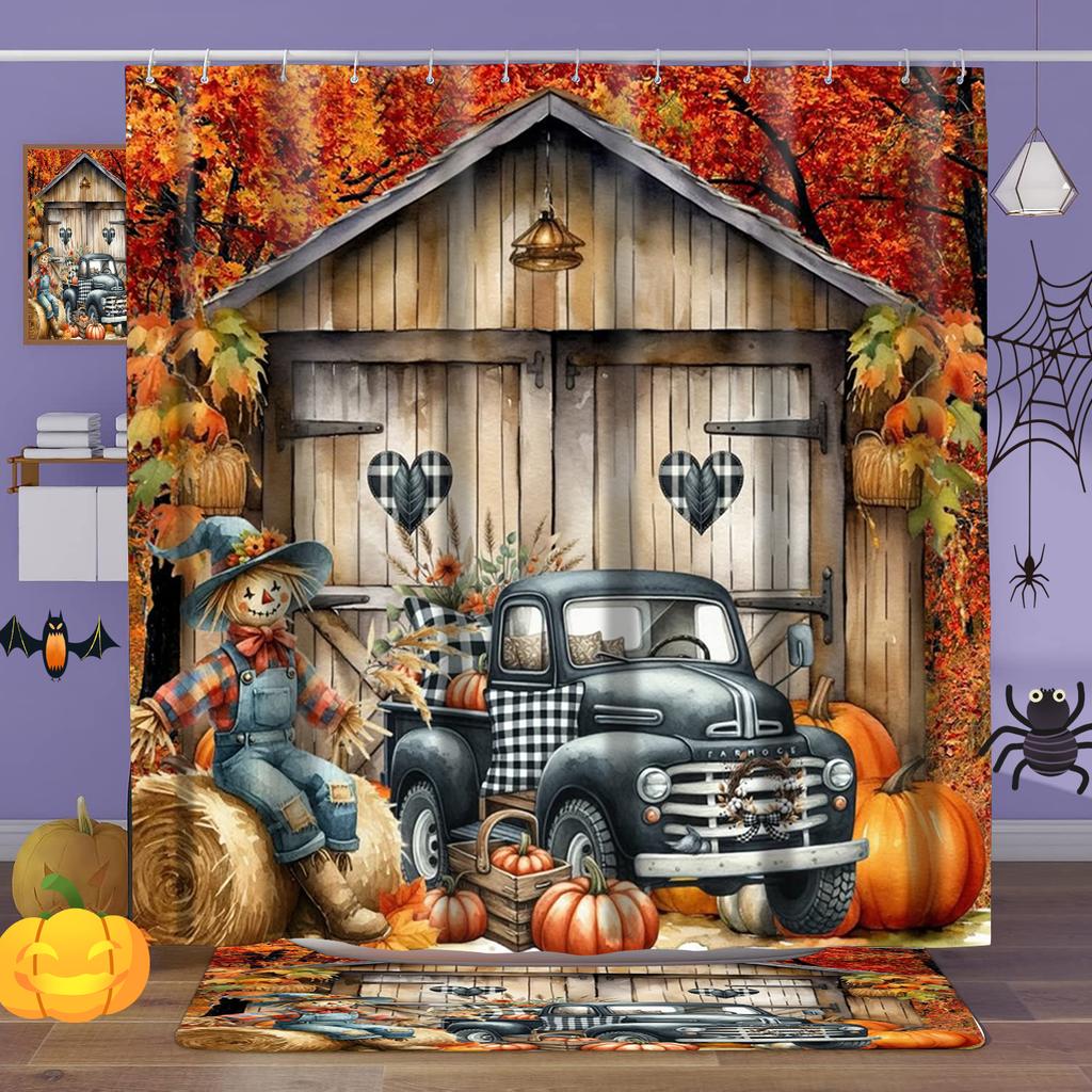 Erntedank Ahornblätter Kürbismuster Badezimmer Duschvorhang mit 12 Haken Badezimmerdeko und Accessoires