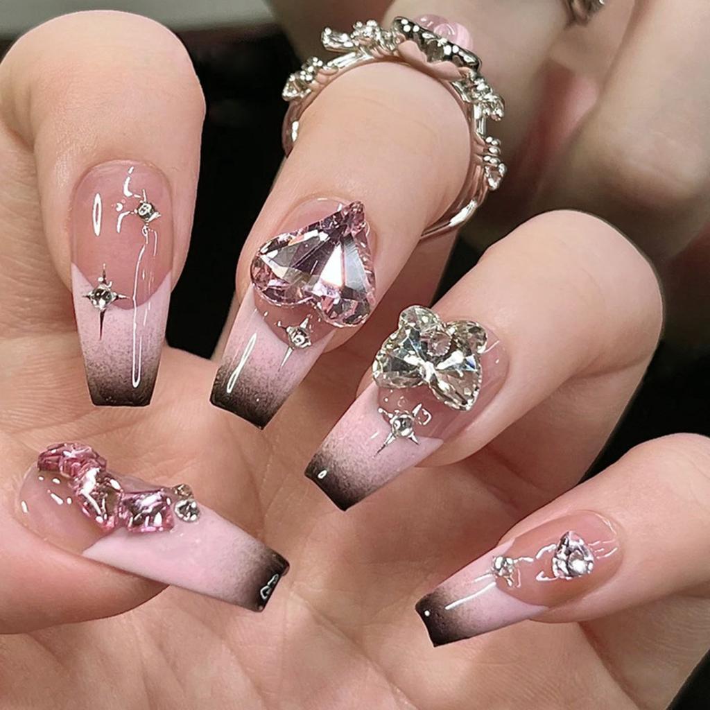 Clear Pink Long Fake Nails with Black Smudging Tip Durable & Never Splitting Comfort Fake Nails for Shopping Traveling Dating