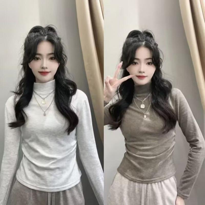 Autumn and Winter Thickened Velvet Half Turtleneck Versatile Bottoming Shirt with Slim Fit Short Warm T-shirt Tight Top