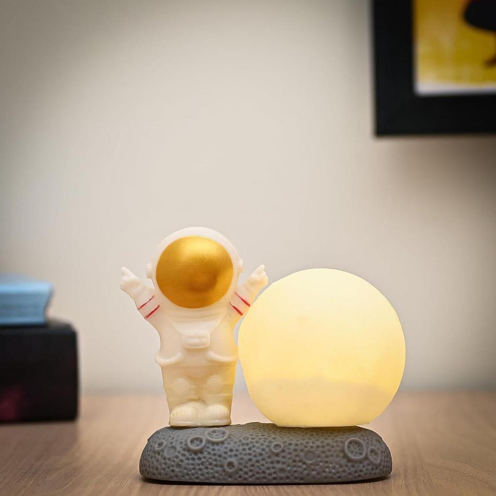 10 Cm Moon Lamp with Astronaut Figurine | Stunning Golden LED Light for Home, Office Desk, Car Dashboard, Modern Room Décor, and Perfect Gifting Idea
