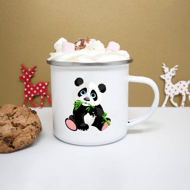 Cute Panda Print Enamel Mug Creative Coffee Tea Water Cup Stainless Steel Mug Kawaii Cofee Cups To Sublimate Drinkware Friends