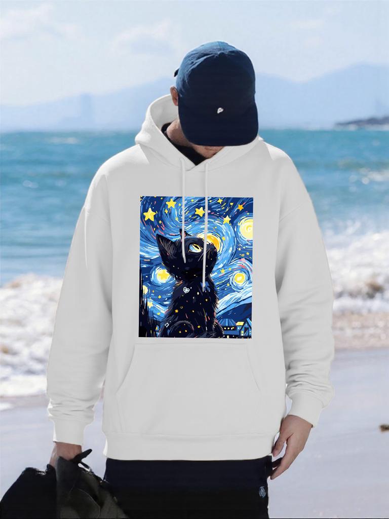 Colorful Oil Painting Cat Printing Men Hoodie Autumn Pocket Streetwear Loose Fleece Pullover Multicolor All-Match Male Hoody