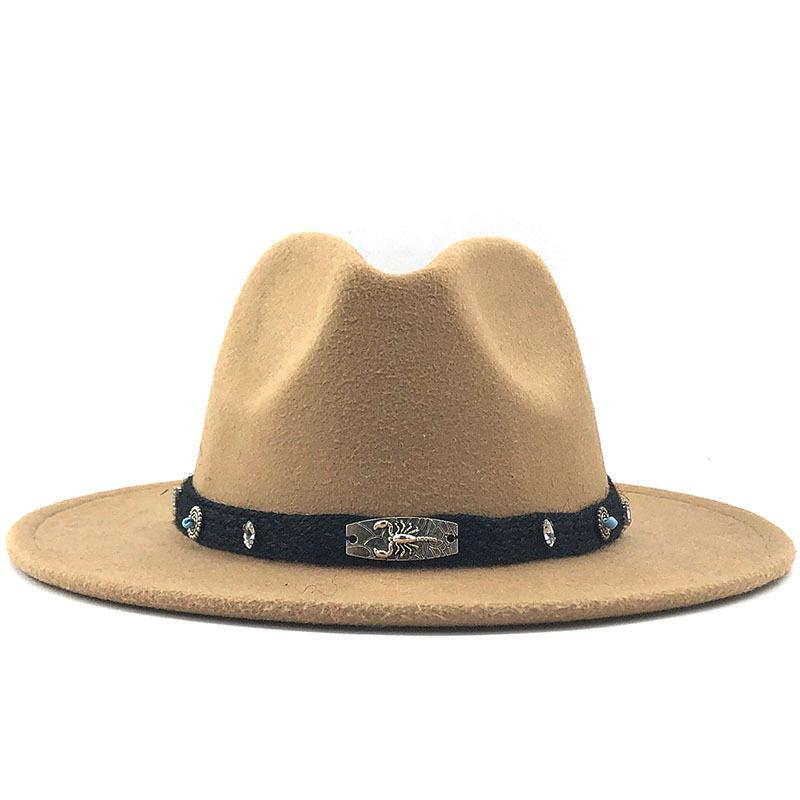 Wide Brim Wool Felt Fedora Panama Hat with Belt Buckle Jazz Trilby Cap for Men Women Pink Black 56-60CM