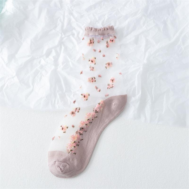 

Новые летние модные женские носки, летние ультратонкие прозрачные шелковые носки с цветочными кристаллами, женские винтажные кружевные носки в стиле Харадзюку с рюшами