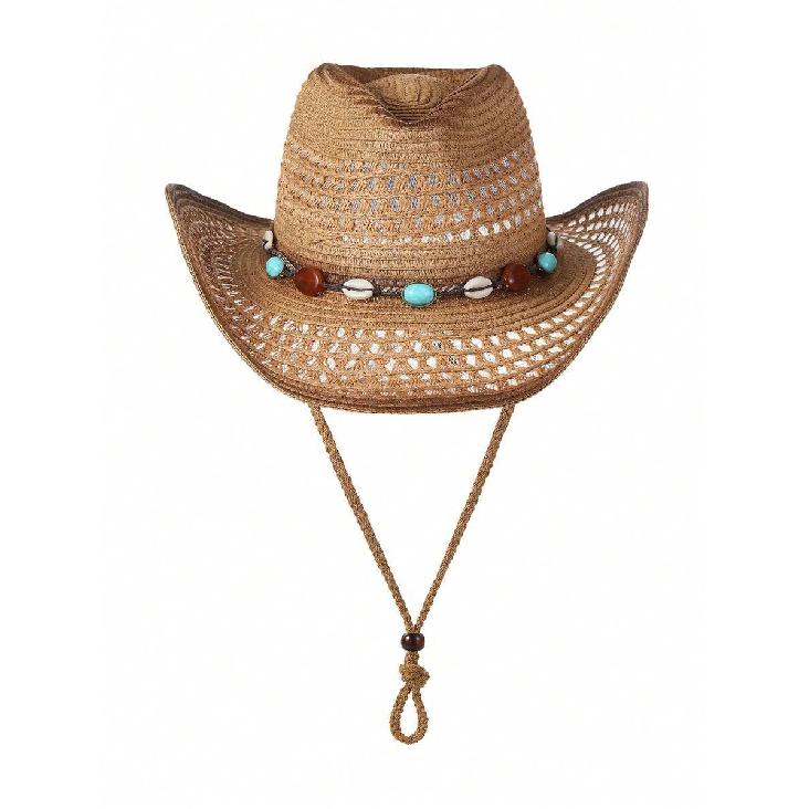 Western Cowboy Hat, Hollowed-out Straw Hat, Outdoor Seaside Vacation Ethnic Style, Versatile Turquoise Sun Protection Hat