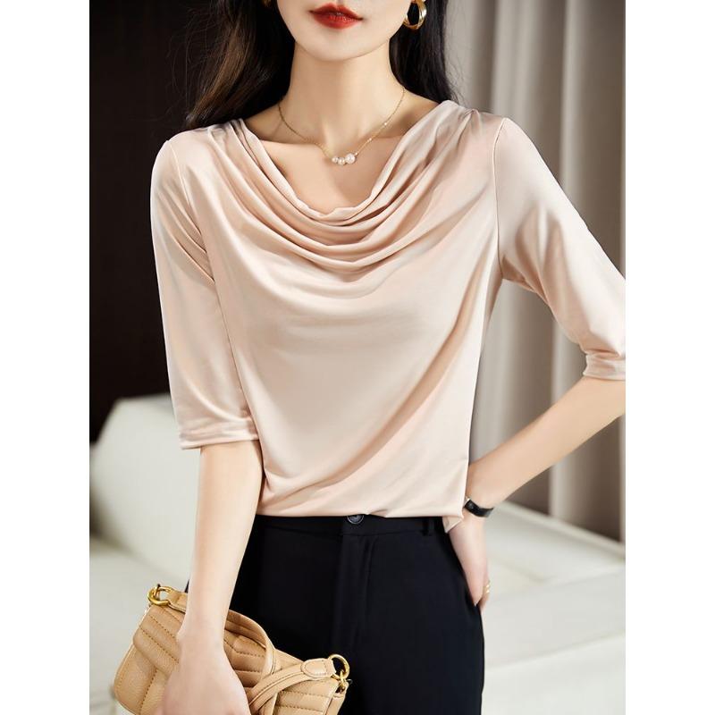 New Summer Mid-sleeve Style Half-sleeved Pile Collar T-shirt Feminine Fashionable and Age-reducing Top for Women