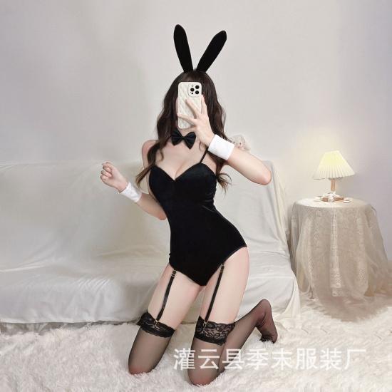 Velvet bunny girl lingerie with hidden crotch clasp, uniform, seductive and passionate outfit, nightclub performance costume