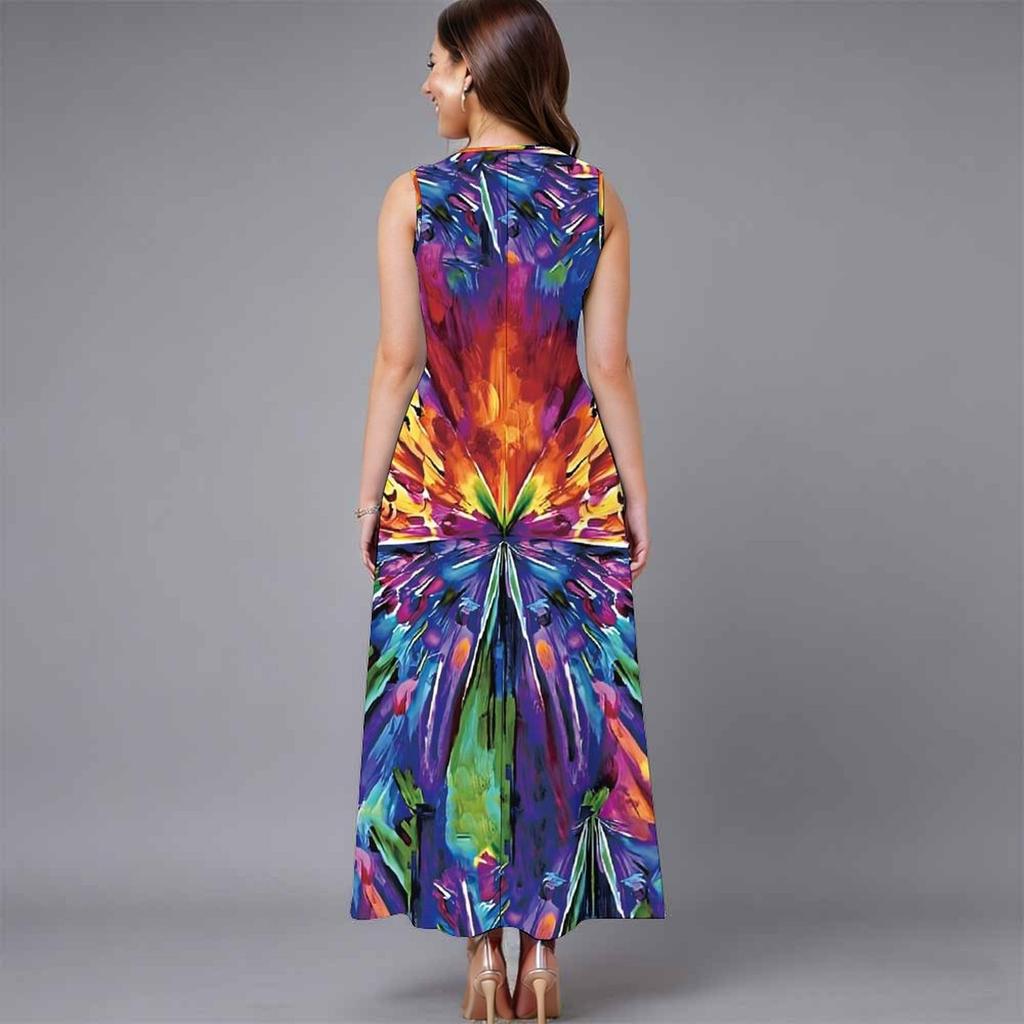 Women Plus Size Sleeveless Crew Neck Dress Soft Watercolor Floral Branches Flowy Mid Calf Gown