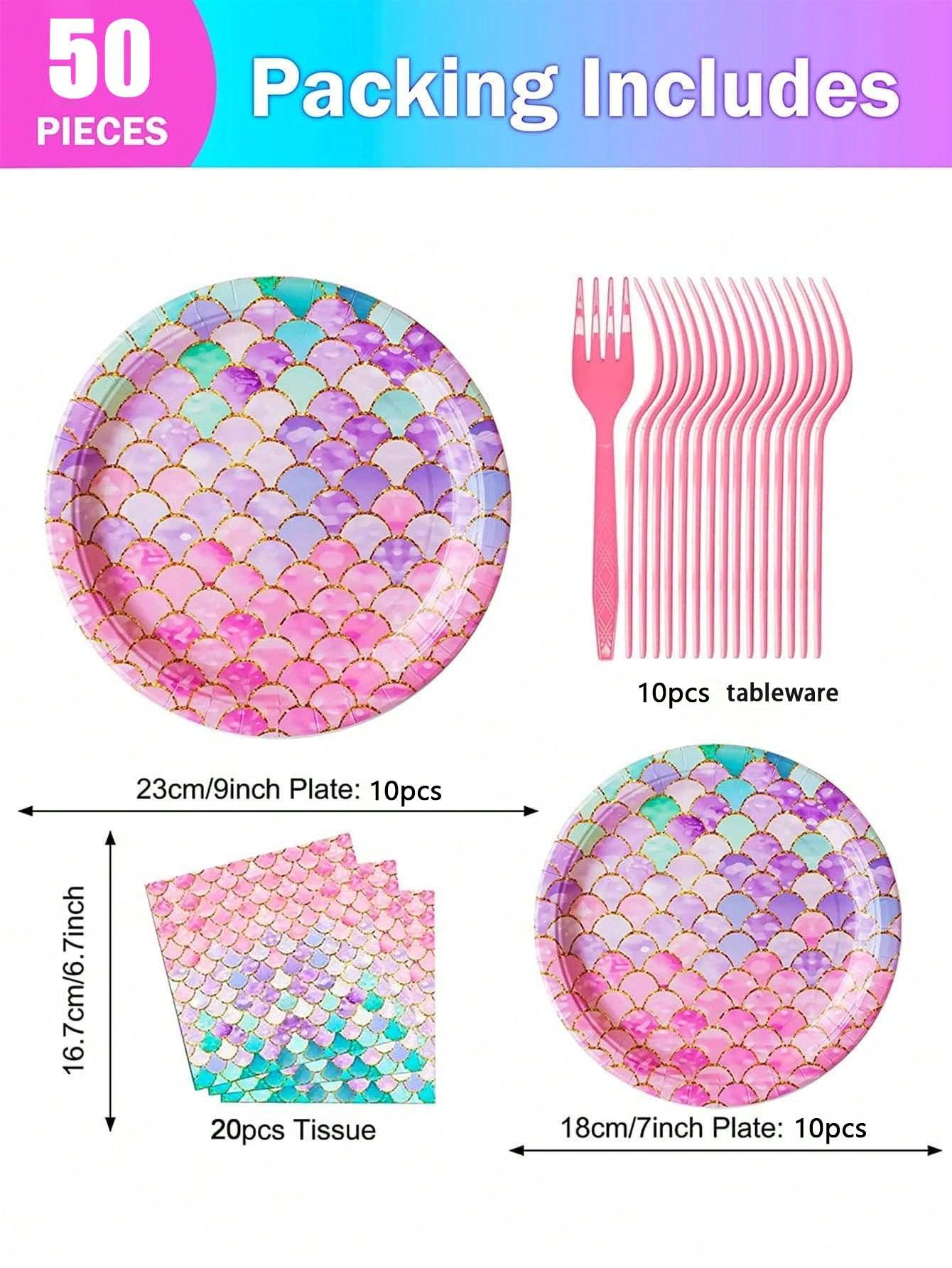 50 pieces, reusable mermaid patterned party cutlery set, cutlery set, dining table decoration, birthday decoration,