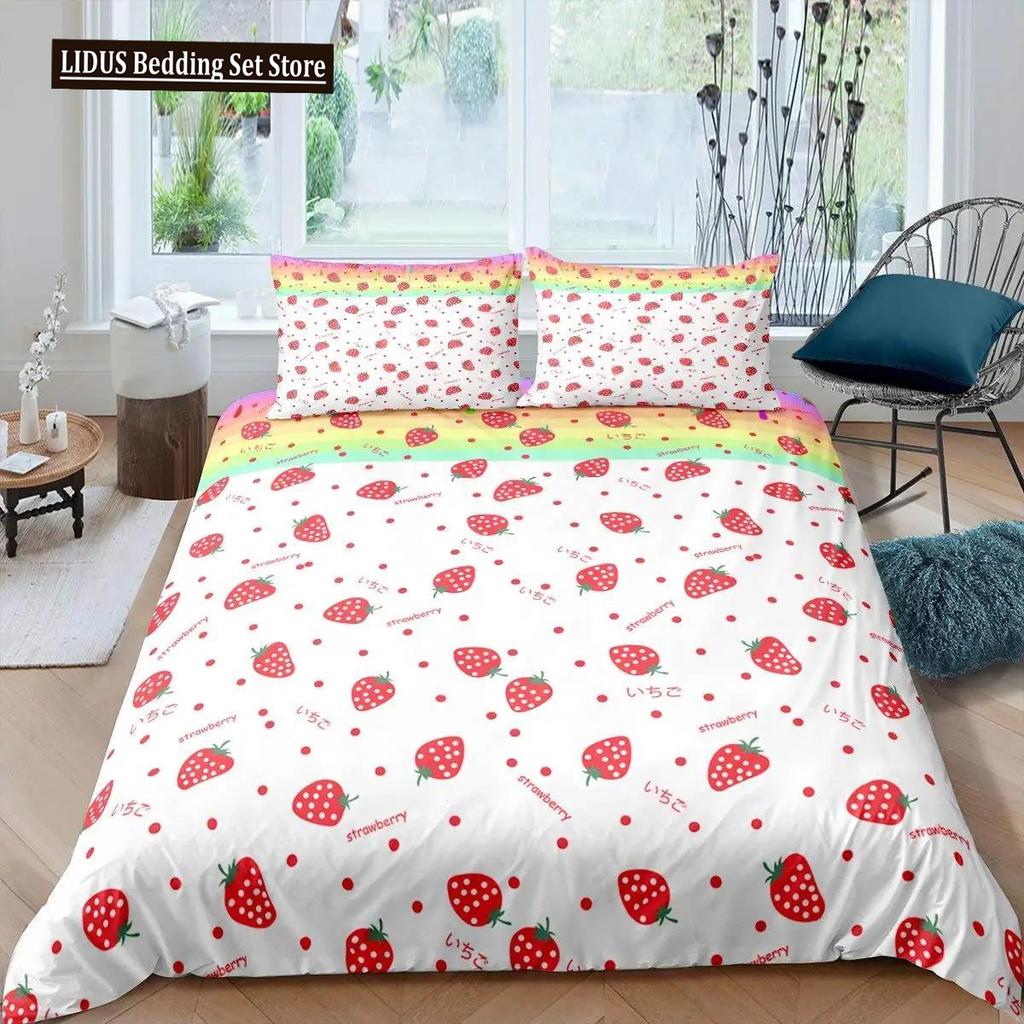 Strawberry Duvet Cover Set Girl King Size Comforter Cover Set Red Strawberry Bedding Set Food Fruit Quilt Cover For Kids Gift