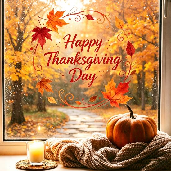 Watercolor Maple Leaf Decor Thanksgiving Window Clings, Wreath Static Glass Stickers for Autumn Electrostatic Film Holiday Home Decoration, Removable
