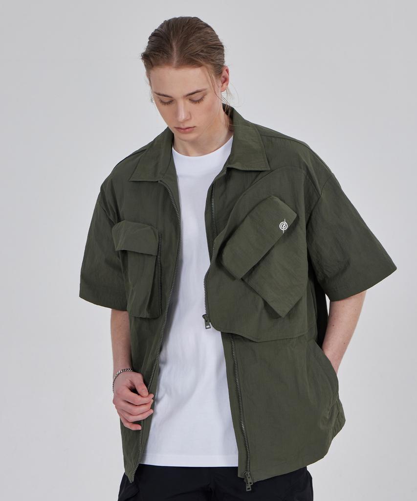 Kallapataleu Nylon Taslan Offset Zip Pocket Half Shirts - Khaki
