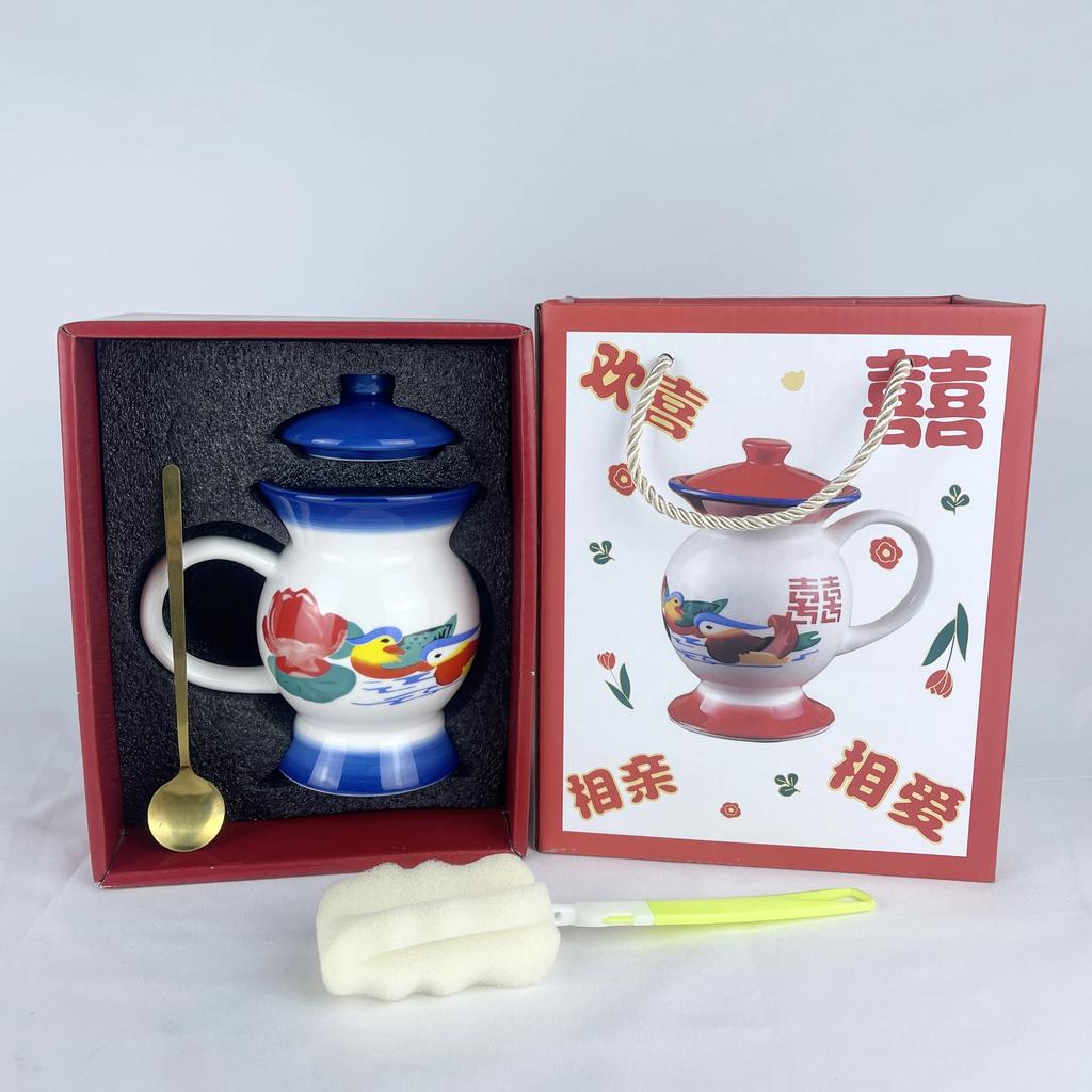 Mug Ceramic Spittoon Shape Water Cup Animal Printing in-Glaze Decoration Retro Funny Personalized Custom Red Blue Chinese Style