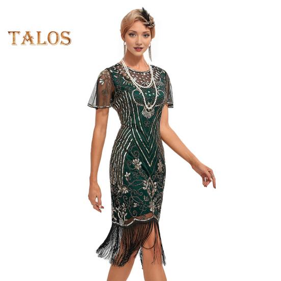 

Женское выпускное платье в винтажном стиле с ажурным кружевом, кисточками и пайетками, прозрачный круглый вырез, короткие рукава, облегающий крой, застежка-молния сзади, коктейльная вечеринка L зелёный