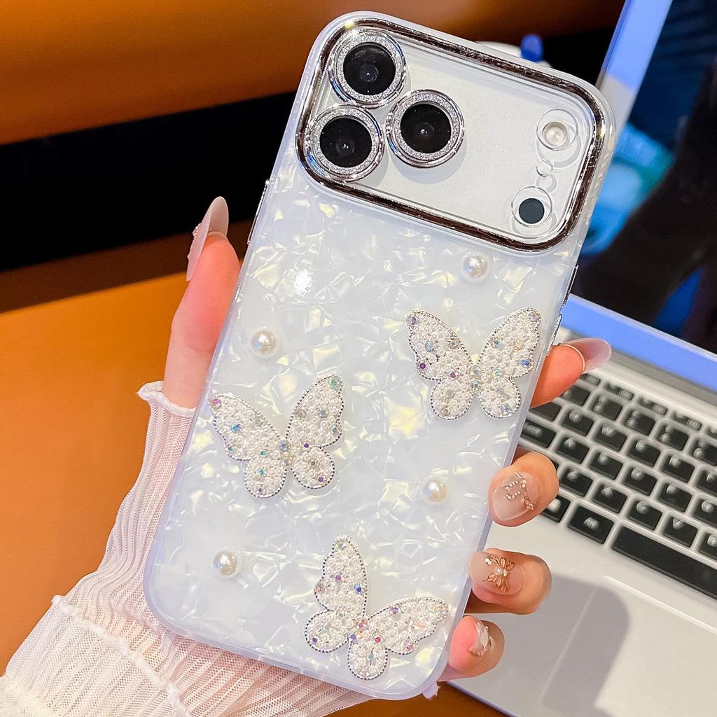 Compatible with Apple 17 Pro Max: Pearl Butterfly Drop-proof Shell Pattern iPhone 16 Double-sided Film IMD Case