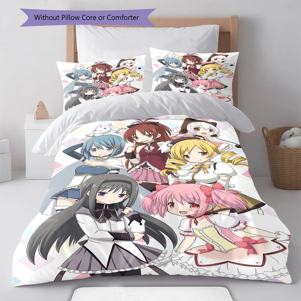 Puella Magi Madoka Magica Vzorované povlečení, Sada přikrývek Povlak na přikrývku Povlak na polštář Domácí dárek k narozeninám (1 * povlak na peřinu + 2 * povlak na polštář, bez jádra)
