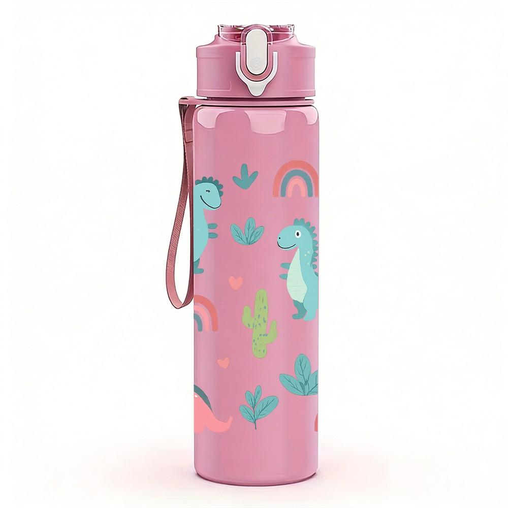 1PC Pastel Dino Cactus Pattern 750ml Color Plastic Sports Water Bottle Leakproof Flip Straw Lid Suitable for Sports Office Home Use