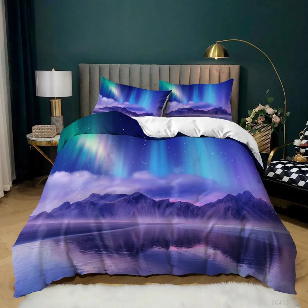 Aurora Borealis Duvet Cover King Queen Pale Weather Over The Hills with Waterfall Creek Nature Landscape Polyester Bedding Set