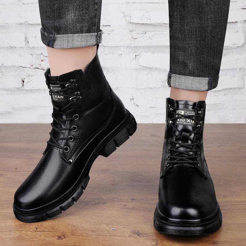 Men's Genuine Leather Casual Shoes Winter High Top Oxford Shoes Thick Sole Fleece Commuting Hiking Men's Ankle Boots Lace Up