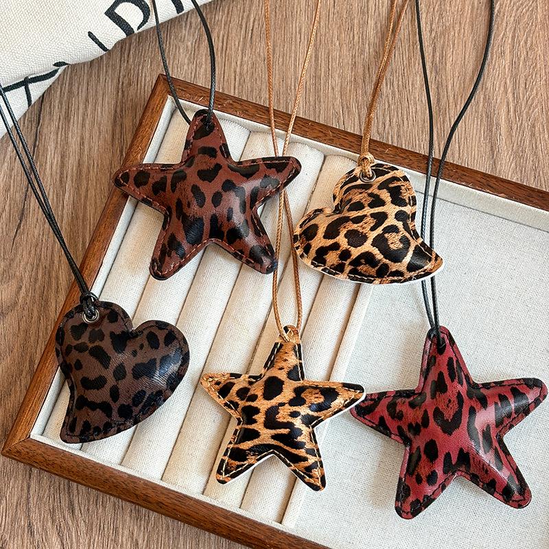 Leopard Print Leather Star & Heart Pendant Necklace - Fashionable, Casual, Versatile Sweater Chain Jewelry