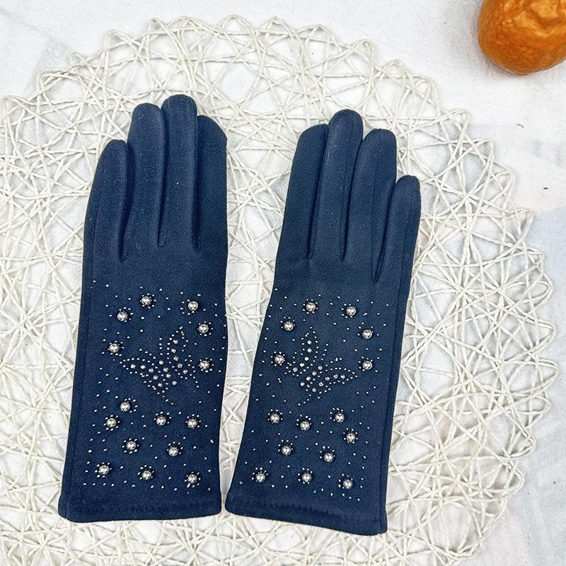 Fashion Women'S Imitation German Velvet Bright Diamond Pearl Gloves Thermal And Velvet Riding Gloves