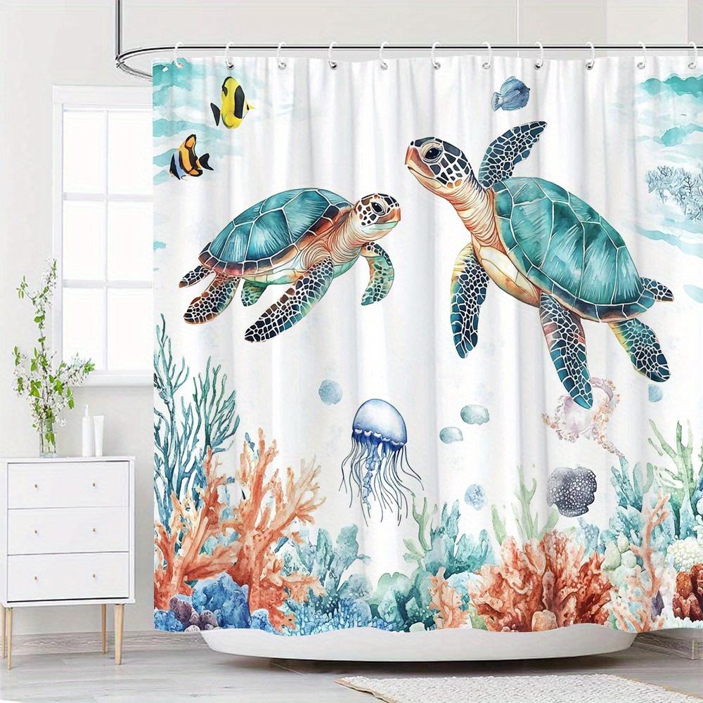 Sea Turtle Shower Curtain – Whimsical Underwater Scene With 2 Turtles, Coral Reef, Jellyfish & Fish On White, Waterproof W60H190(CM)-1 Pcs