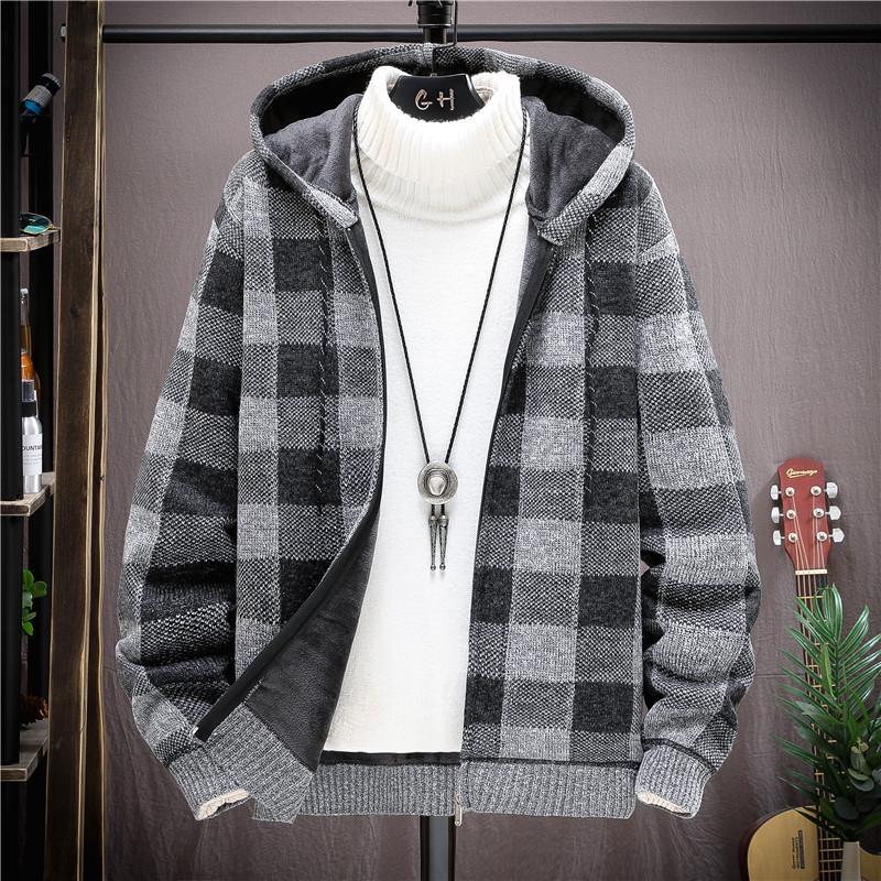 Autumn Winter Men s Casual Fashion Hooded Sweater, Velvet Thickened Loose Warm Cardigan Large
