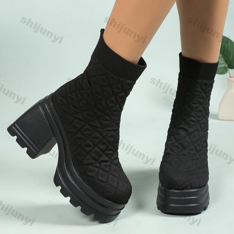 Bottes en Tricot Épais pour Femmes Bottes Chaussettes Stretch Hiver 2026 Nouvelle Mode Automne Femme Plateforme à Enfiler Talon Carré Botas De Mujer