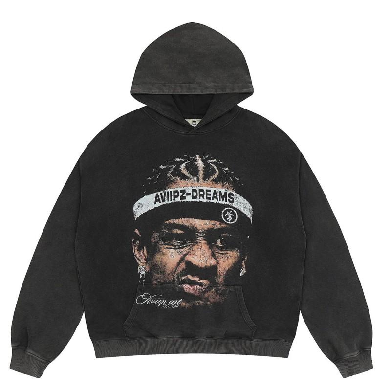 Mens Vintage Washed Hoodie With Distressed Graphic Print Loose Fit Cotton Pullover Fall Casual Wear