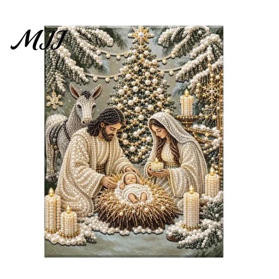 Nativity Craft for Adults Faux Pearl Art Kit, Holy Family Painting DIY Catholic Prayer Corner Decorations 3D Religious Set Adults, Home Christmas Wall