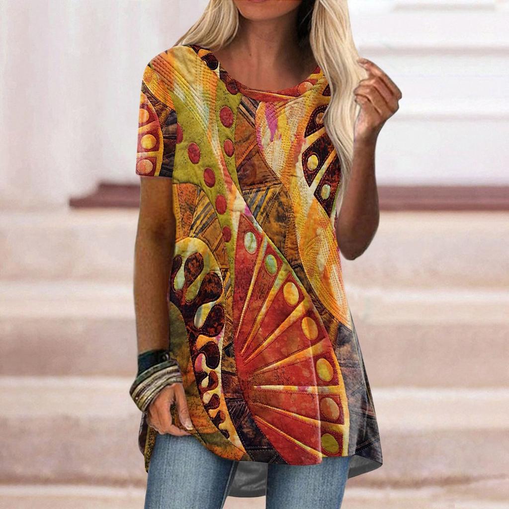 Women's Round Neck Short Sleeve Geometric Print Tunic Top Casual Asymmetrical Hem Blouse