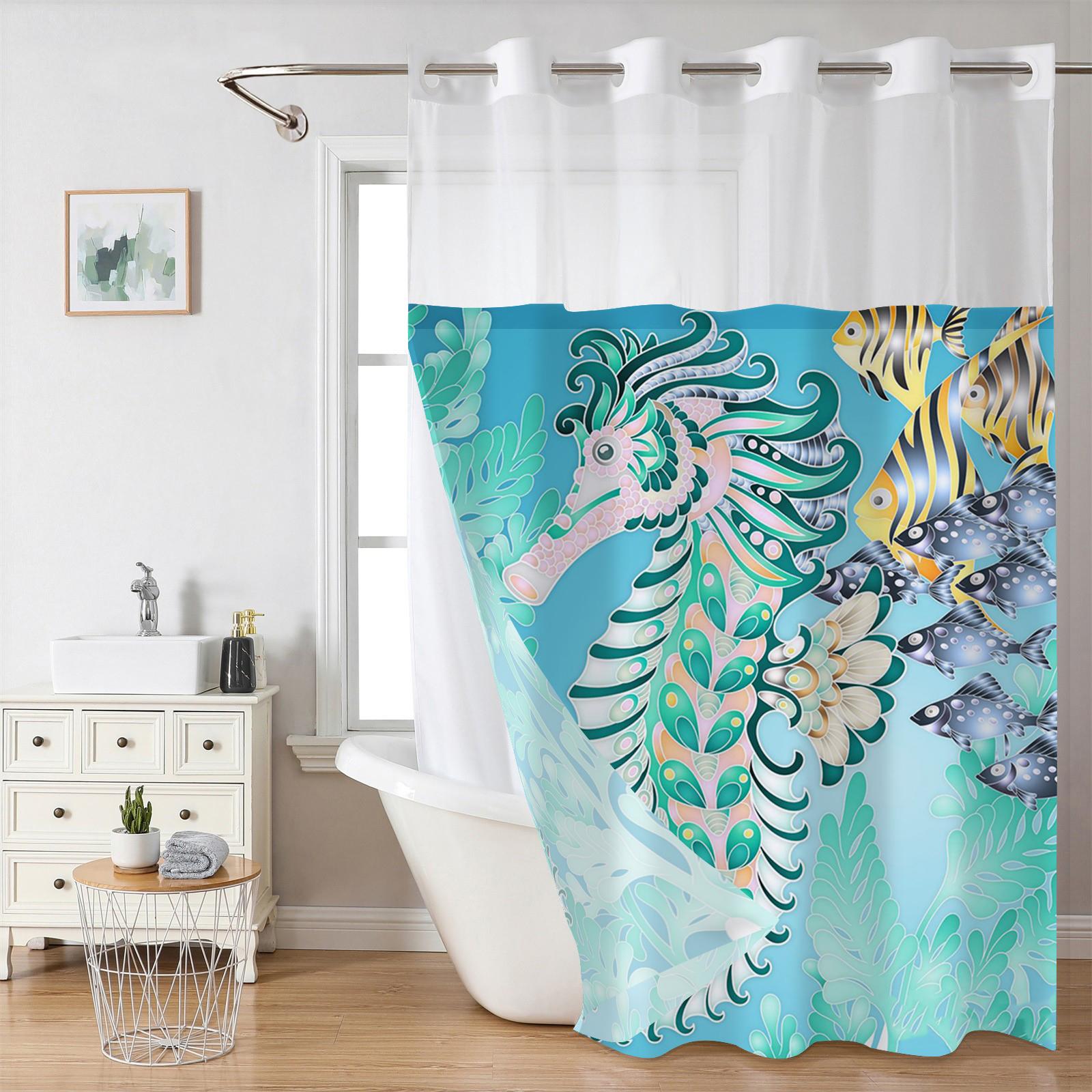 

Занавеска для душа с рисунком гиппокампа без крючков, с тканевой подкладкой на кнопках, полупрозрачным верхним окном, водонепроницаемая двухслойная занавеска для ванны 180X188cm синий