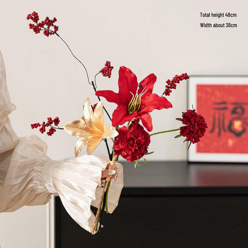 Spring Festival Red Fruit Faux Flower Arrangement for New Year, Wedding, Living Room, or Dining Table Décor