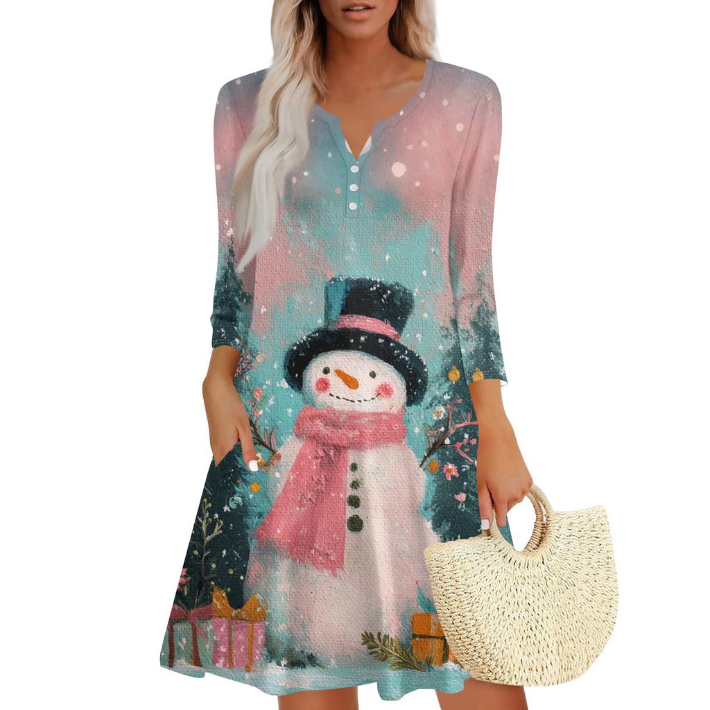 Women's Christmas Printed Fashionable V-neck Button Seven Part Cuff Pocket Dress