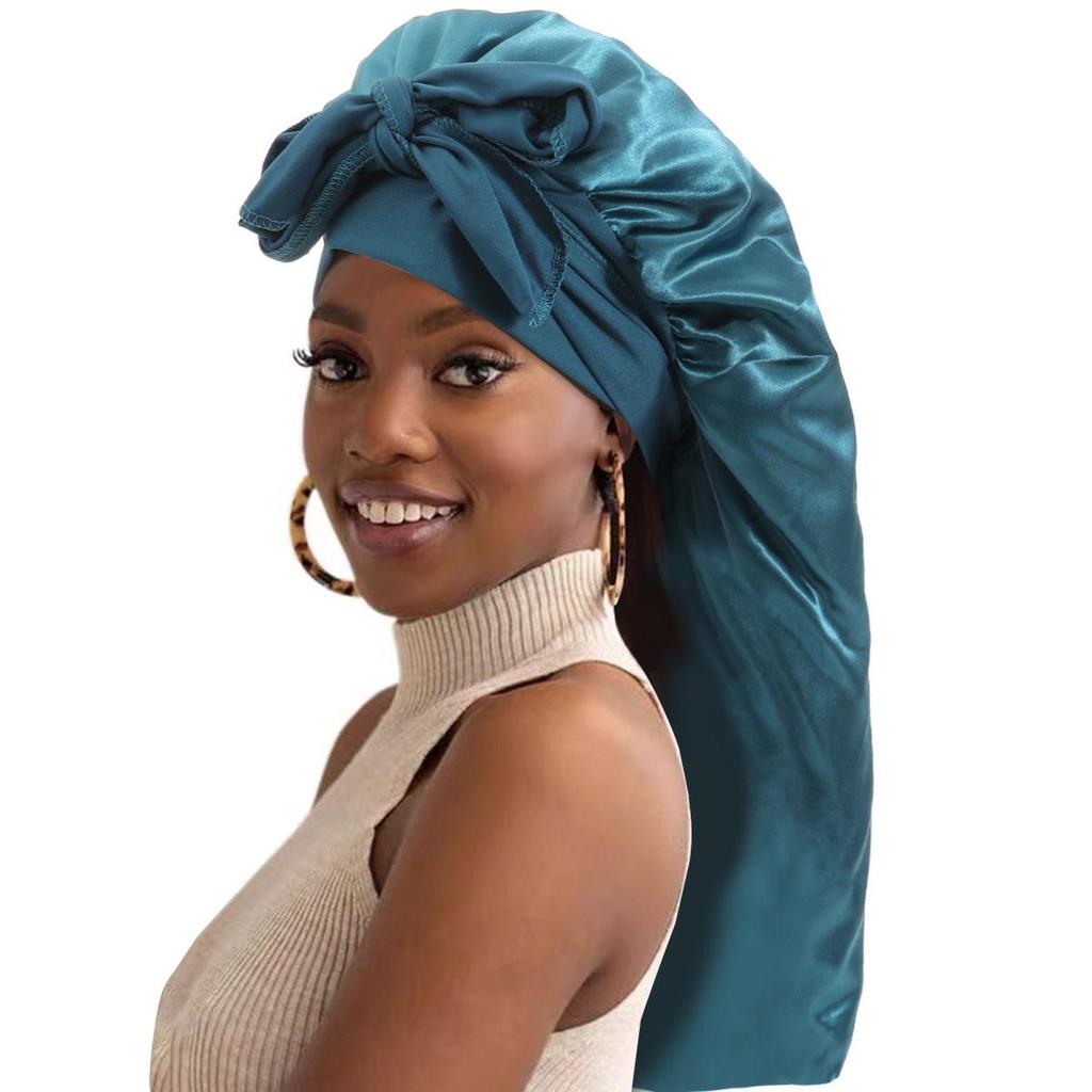 Bowknot Long Tail High Elastic Satin Sleep Cap and Bath Cap