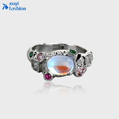2023 New designedLuxury Silver Open Ring Fashion Moonstone Zircon Rings for Women Accessories Jewelry