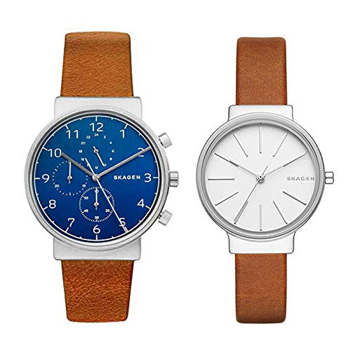 Skagen Pair Watches with Leather Straps, Blue and Silver, Unisex, SKW6358 and SKW2479 [Parallel Import]