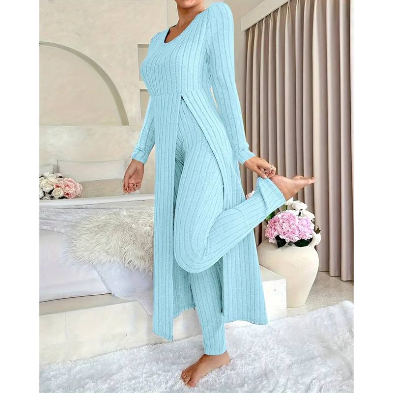 Herfst Winter Huis Casual Damespak Modieus Effen Kleur Ronde Kraag Super Lange Split Top Slimme Broek Tweedelig Pak