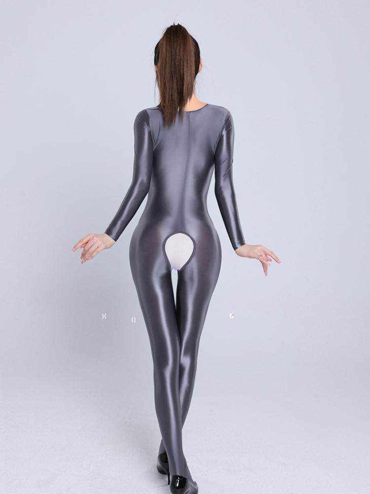 Sexy Women Candy Color Jumpsuit High Elastic Slip Satin Shiny Bodysuit Slimming Tight Open Crotch Leotard Shaper Wear
