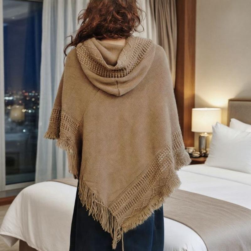 

Жіночий в язаний светр великого розміру з китицями та шапкою - Осінь/Зима Імітація кашеміру Кейп-шаль 90*85cm хакі