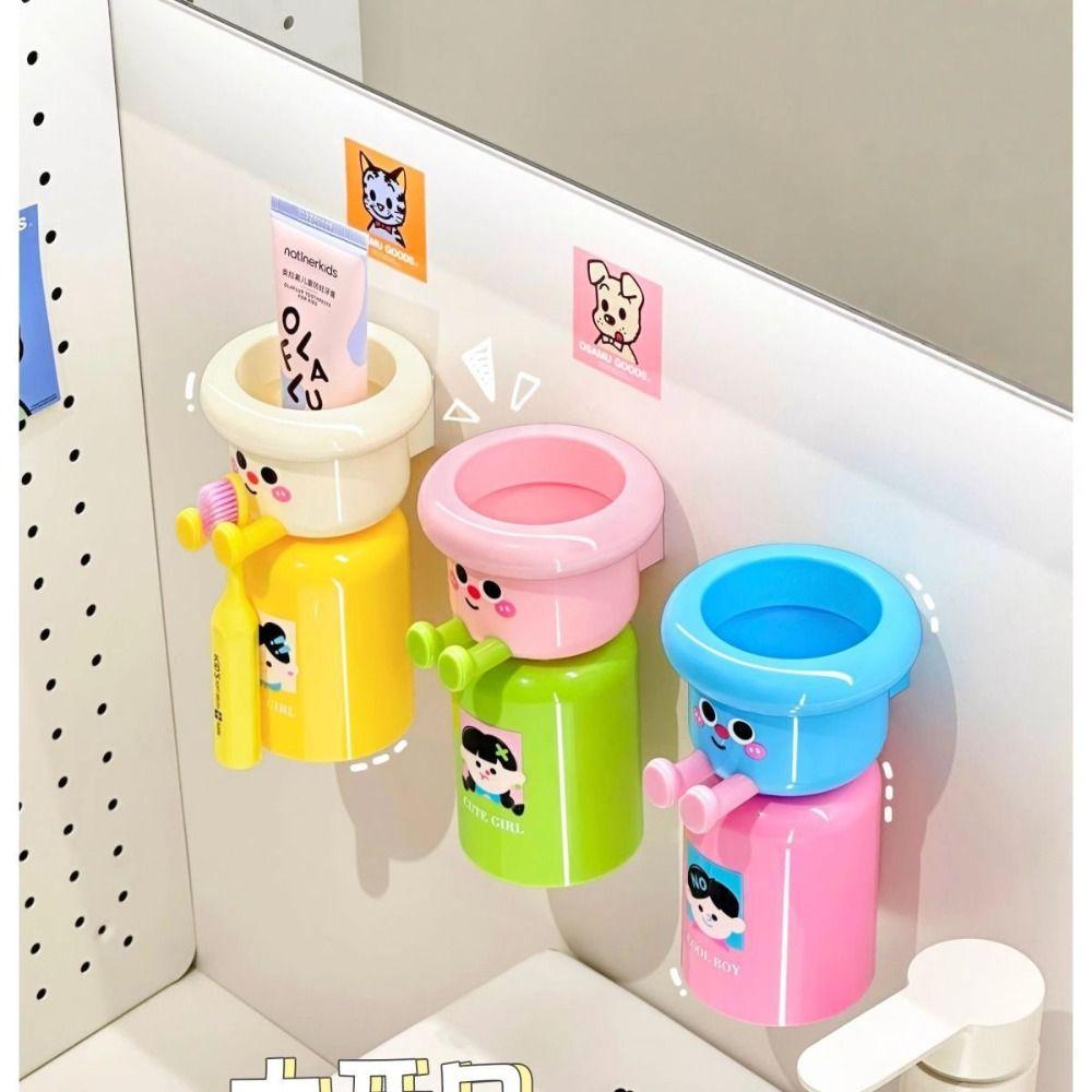 Cartoon Magnetic Toothbrush Cup Wall Mounted Home Storage Toothbrush Holder Punch-Free Storage Rack for Bathroom Accessory