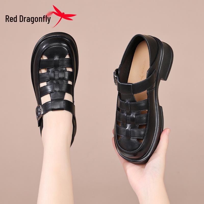 Red Dragonfly Women's Genuine Leather Closed-Toe Roman Sandals - Thick-Soled, Perforated, 2026 Summer Style